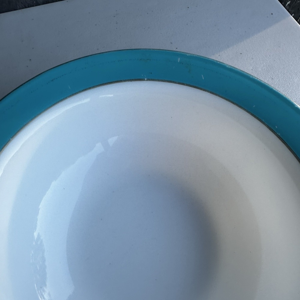 Vintage Pyrex Milk Glass & Turquoise Blue Band Rim Salad Serving Bowl 9" Cottage - Picture 6 of 7